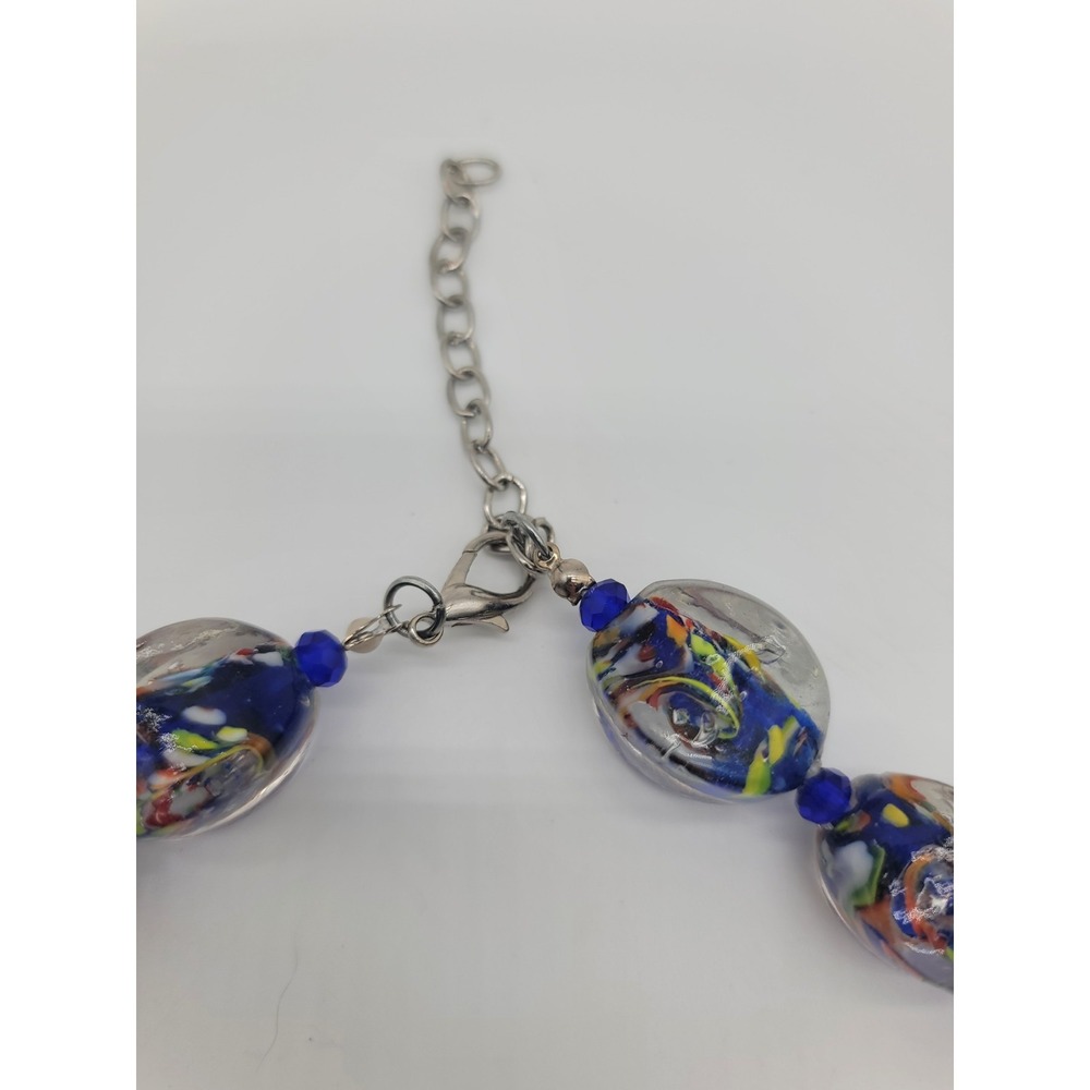Art Glass Beaded Necklace Blue Swirl Confetti Murano Style 20" - Picture 4 of 7
